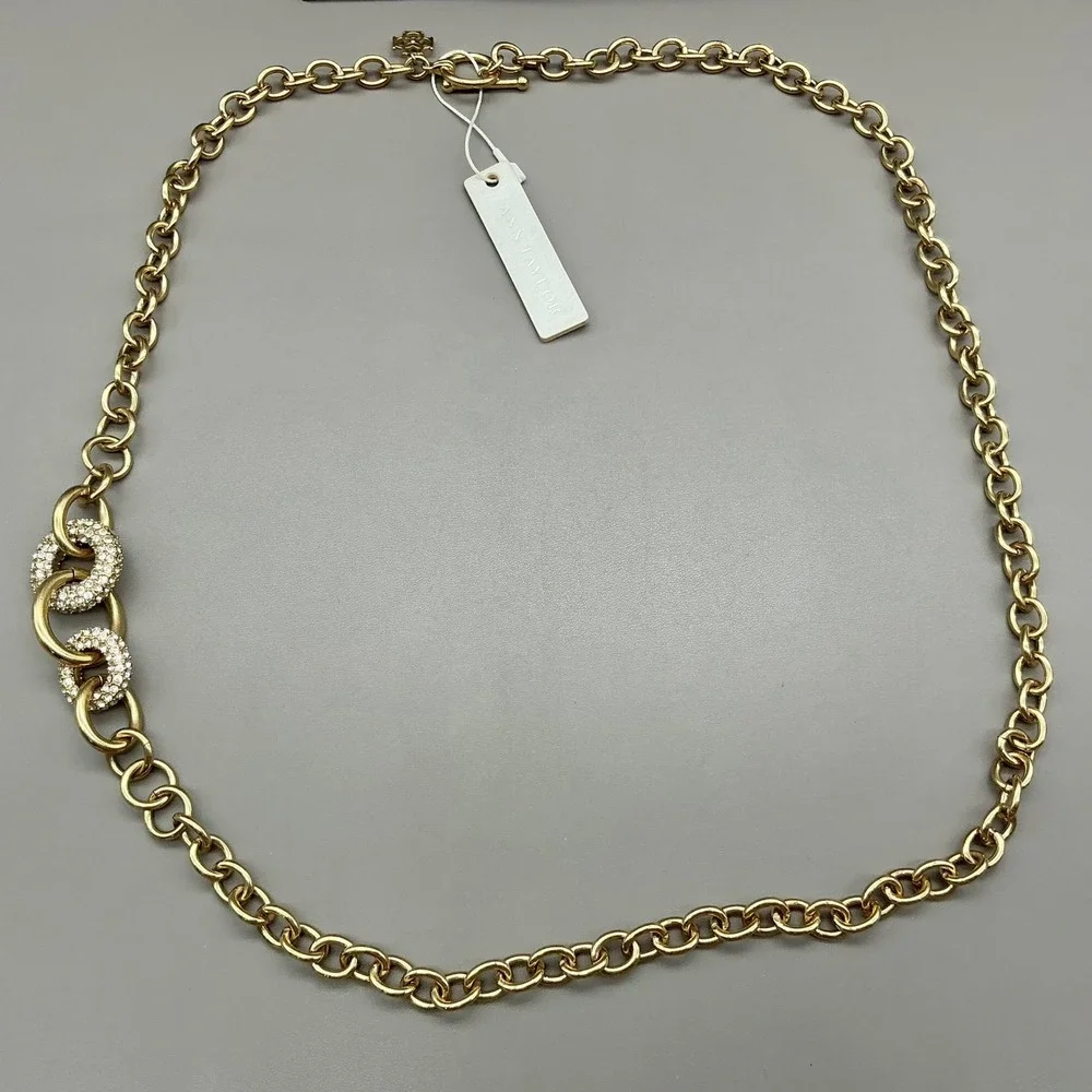 Ann Taylor Necklace Women Gold Tone Rhinestone Pave Link Chain Long Toggle 26